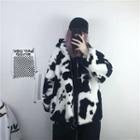 Cow Print Hooded Zip Fleece Jacket White - One Size