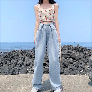 Flower Embroidered Cropped Camisole Top / Straight-cut Jeans