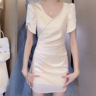 Short-sleeve Rhinestone Trim Sheath Dress