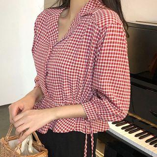 Plaid 3/4-sleeve Peplum Blouse Red - One Size