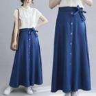 Tie Waist Midi A-line Skirt Dark Blue - One Size
