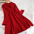 Bow-neck Knit Mini A-line Dress Red - One Size