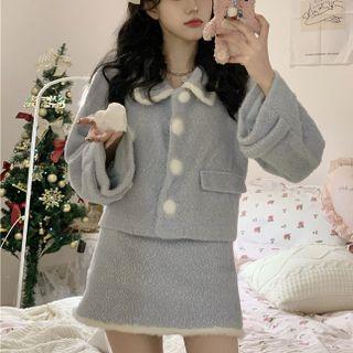 Collared Jacket / Fluffy Trim A-line Skirt