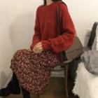 Plain Crew-neck Sweater / Flower Print Long-sleeve Midi Dress