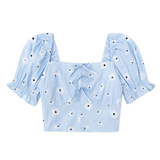 Puff-sleeve Bow Floral Cropped Blouse