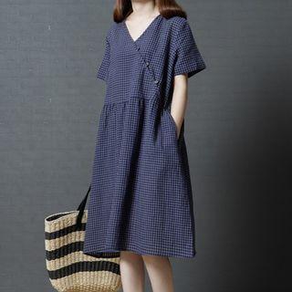Plaid Short Sleeve V-neck Dress