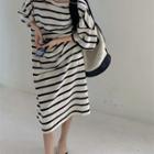 Elbow-sleeve Striped T-shirt Dress Black Almond - One Size