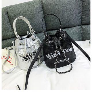 Lettering Sequined Bucket Bag