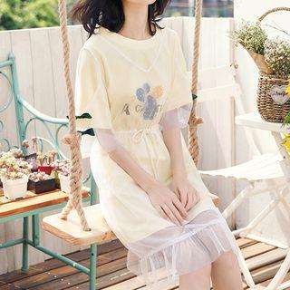 Set: Short-sleeve Cactus Print T-shirt Dress + Mesh Dress