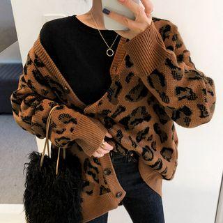 Leopard Pattern Waffle-knit Cardigan