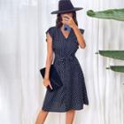 Dotted Ruffle-sleeve V-neck Tie-waist A-line Dress