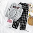 Lettering Cutout Pullover / Plaid Drawstring-cuff Pants