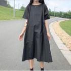 Plain Short-sleeve Midi A-line Dress Black - One Size