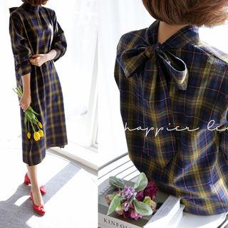 Tie-back Plaid Dress Navy Blue - One Size