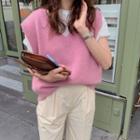 V-neck Knit Vest Pink - One Size