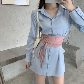 Plain Shirt Dress With Waist Band Set - Blue Shirt Dress & Waist Band - Pink - One Size