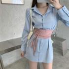 Plain Shirt Dress With Waist Band Set - Blue Shirt Dress & Waist Band - Pink - One Size