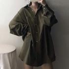 Plain Long-sleeve Shirt Army Green - One Size