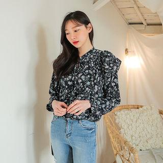 Tie-neck Ruffle-shoulder Floral Blouse