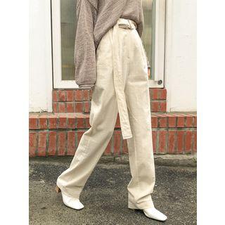 Belted Wide Straight-cut Dress Pants
