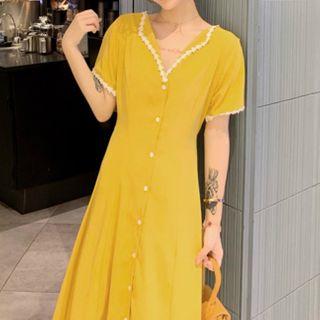 Crochet Trim Short-sleeve Buttoned Midi A-line Dress
