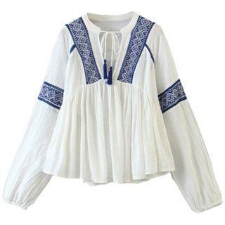 Long-sleeve Embroidered Trim Tasseled Linen Blouse