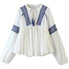 Long-sleeve Embroidered Trim Tasseled Linen Blouse