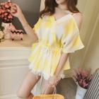 Off-shoulder Check Chiffon Blouse