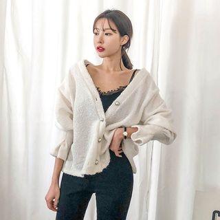 V-neck Faux-pearl Button Glitter Cardigan