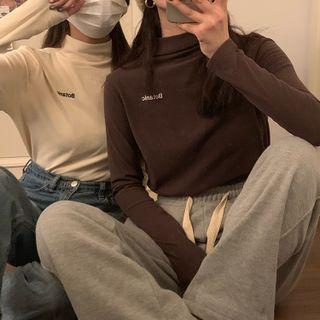 Long-sleeve High-neck Lettering Embroidered T-shirt