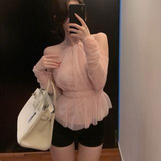 Set: Halter Mesh Camisole Top + Oversleeves Pink - One Size