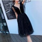Elbow-sleeve Midi Mesh A-line Dress