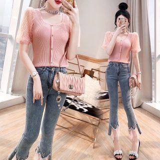 Puff-sleeve Button-up Knit Top / Boot-cut Jeans / Set