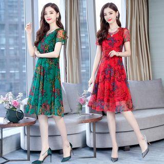 Floral Short-sleeve A-line Midi Chiffon Dress