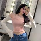 Color-block Off-shoulder Long-sleeve Slim-fit Top Pink - One Size