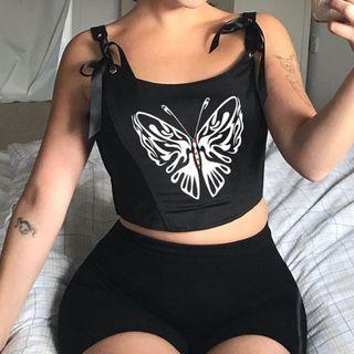 Tie-shoulder Butterfly Print Crop Tank Top