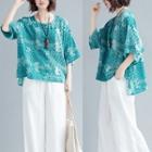 Patterned Elbow-sleeve High-low T-shirt Vintage Cyan - One Size