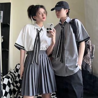 Couple Matching Short-sleeve Contrast Trim Shirt / Pleated A-line Skirt / Straight Leg Pants / Set