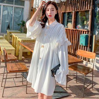 Long-sleeve Ruffled Shirred Shirt Dress