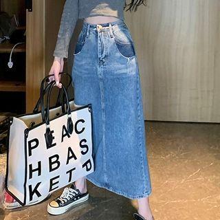 High Waist Washed Denim Midi Skirt