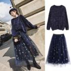 Crew-neck Lantern-sleeve Sweater / Embroidered Mesh Midi A-line Skirt / Set