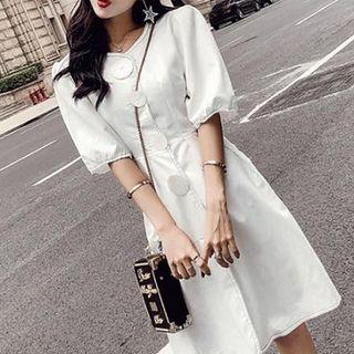 Button Puff-sleeve Dress