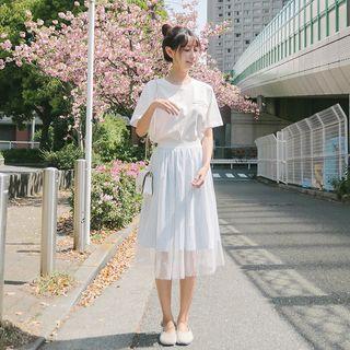 Striped Mesh-panel A-line Skirt