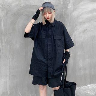 Plain Pocket-front Elbow-sleeve Shirt