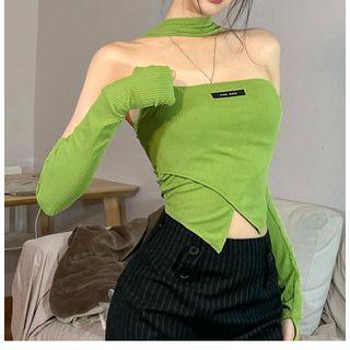 Set: Letter Embroidered Halter Top + Arm Sleeves
