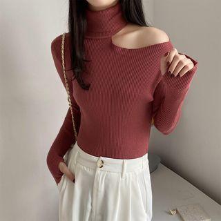 Long-sleeve Turtleneck Cold-shoulder Sweater