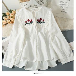 Rose-embroidered Sailor-collar Loose Shirt White - One Size