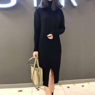 Slit High Neck Midi Knit Dress