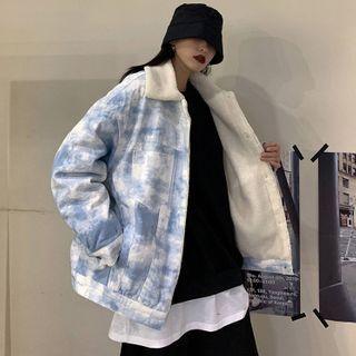 Fleece-lined Tie-dye Zip Jacket Light Blue - One Size