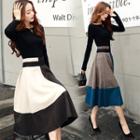 Set: Long-sleeve Top + Contrast Color Midi A-line Skirt